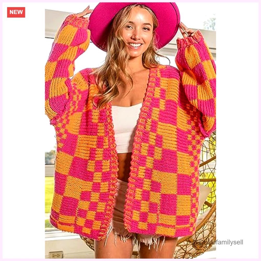 Chunky Knit Cardigan, Oversized Fit, Acrylic, Open Front, Plaid Pattern - Picture 6 of 7